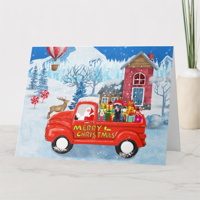 Doberman Dog in Christmas Delivery Truck Snow  Card (Front)