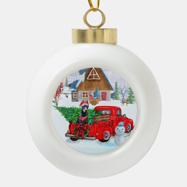 Doberman Dog In Christmas Delivery Truck Snow  Ceramic Ball Christmas Ornament (Front)