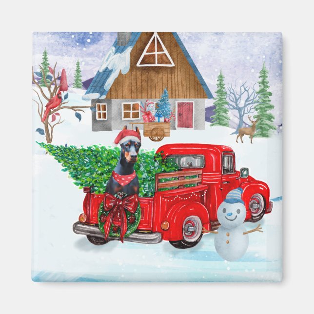 Doberman Dog In Christmas Delivery Truck Snow Magnet (Front)