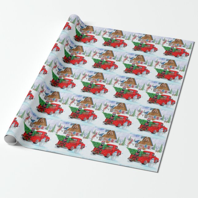Doberman Dog In Christmas Delivery Truck Snow Wrapping Paper (Unrolled)