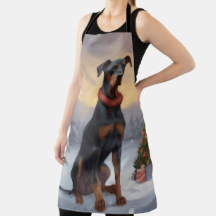 Doberman Dog in Snow Christmas Apron