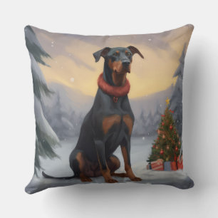 Doberman Dog in Snow Christmas Cushion