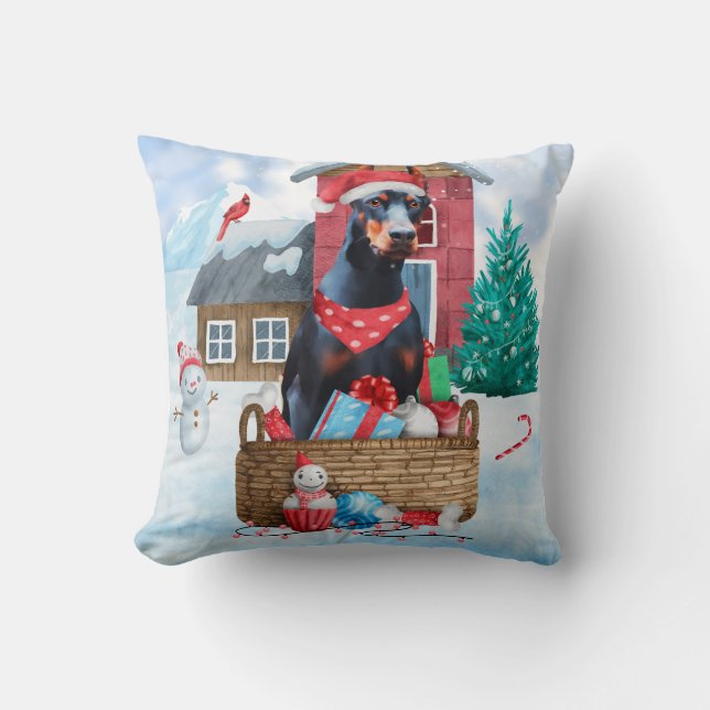 Doberman Dog In snow Christmas Dog House  Cushion (Front)