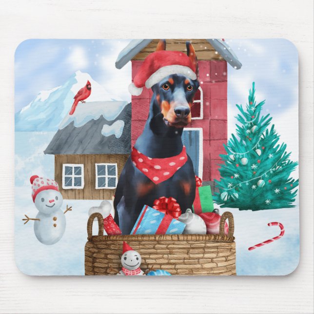 Doberman Dog In snow Christmas Dog House Mouse Pad (Front)