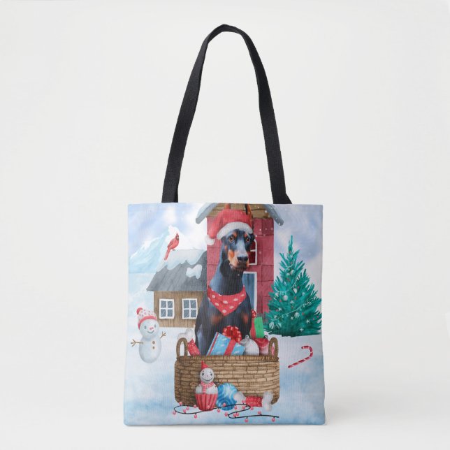 Doberman Dog In snow Christmas Dog House Tote Bag (Front)