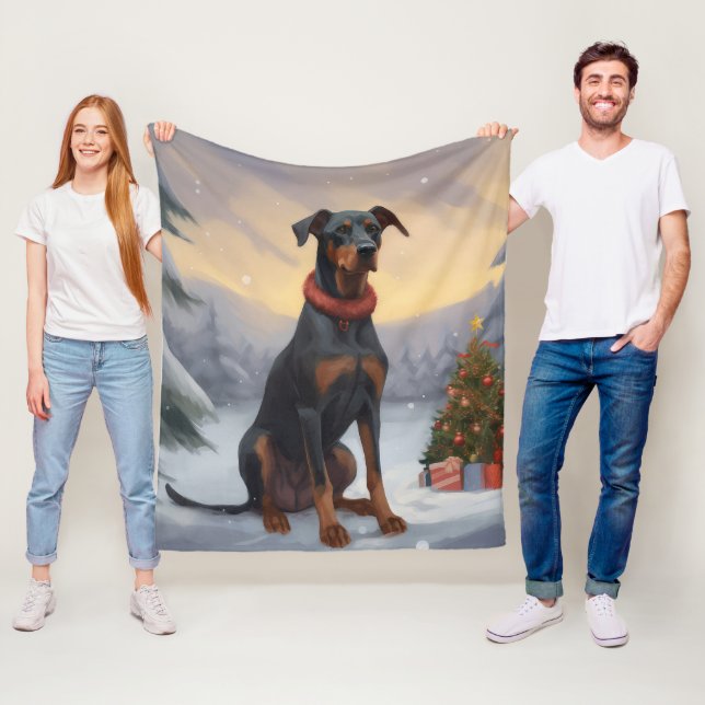 Doberman Dog in Snow Christmas  Fleece Blanket (In Situ)