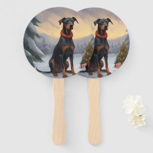 Doberman Dog in Snow Christmas  Hand Fan