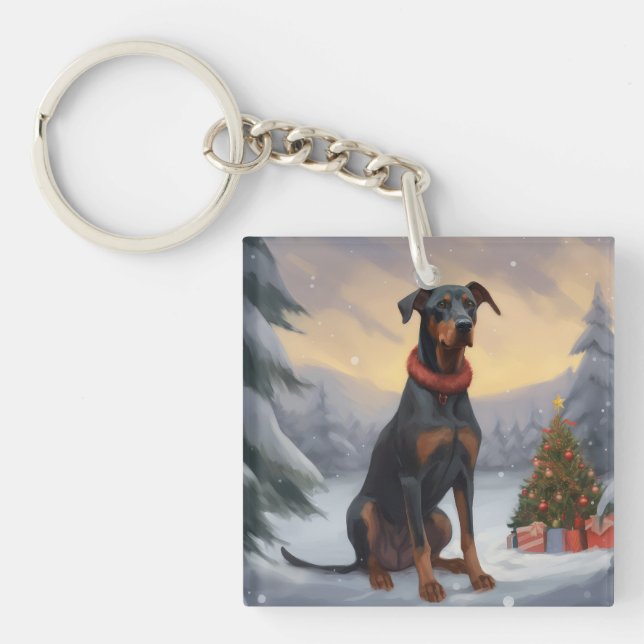 Doberman Dog in Snow Christmas  Key Ring (Front)