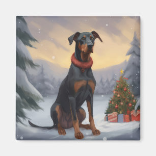 Doberman Dog in Snow Christmas Magnet