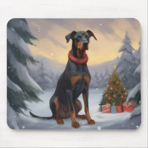 Doberman Dog in Snow Christmas Mouse Pad