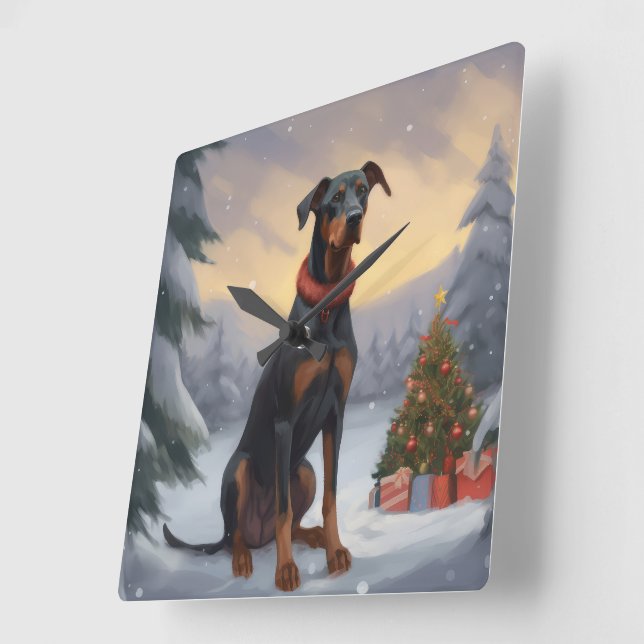 Doberman Dog in Snow Christmas  Square Wall Clock (Angle)