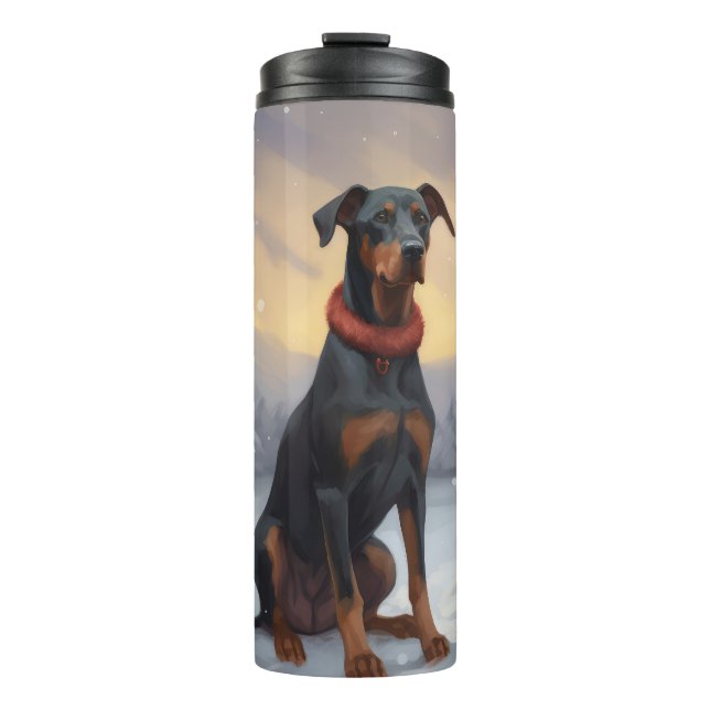 Doberman Dog in Snow Christmas  Thermal Tumbler (Front)