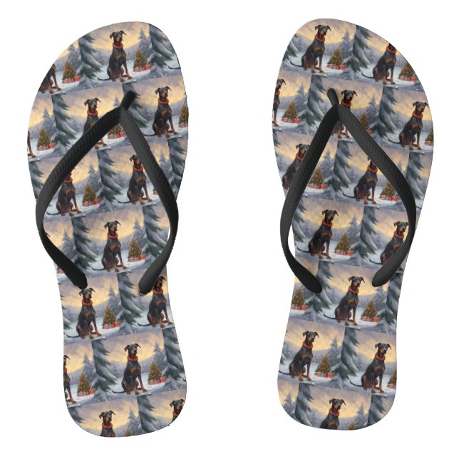 Doberman Dog in Snow Christmas  Thongs (Footbed)