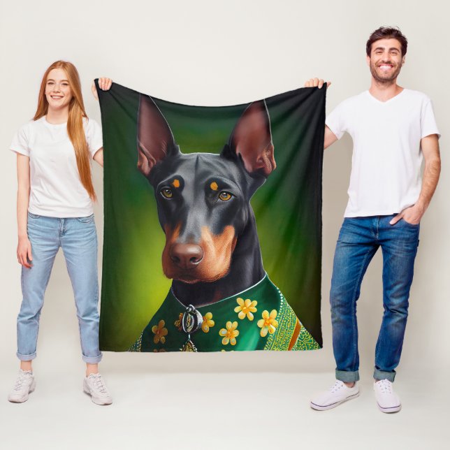 Doberman Dog in St. Patrick's Day Dress Fleece Blanket (In Situ)