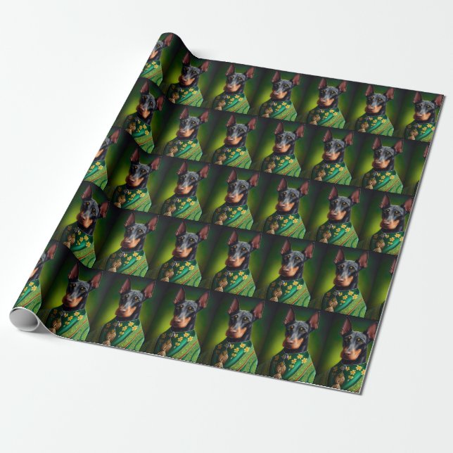 Doberman Dog in St. Patrick's Day Dress Wrapping Paper (Unrolled)