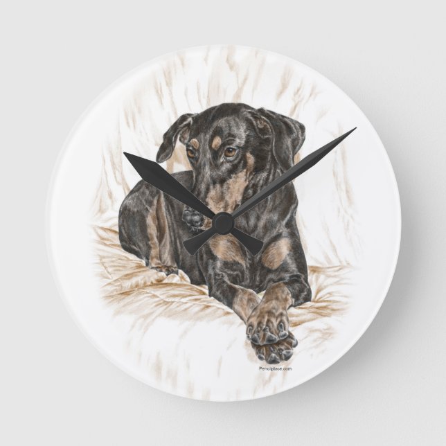 Doberman Dog Natural Ears Round Clock (Front)