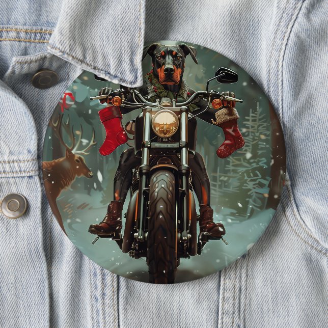 Doberman Dog Riding Motorcycle Christmas 6 Cm Round Badge (In Situ)