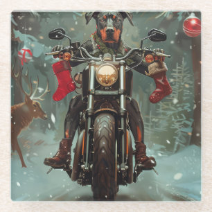 Doberman Dog Riding Motorcycle Christmas Glass Coaster