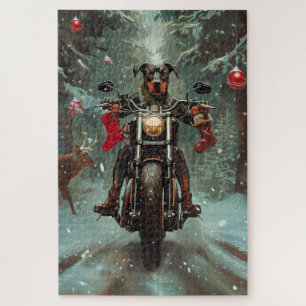 Doberman Dog Riding Motorcycle Christmas Jigsaw Puzzle