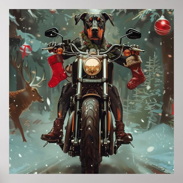 Doberman Dog Riding Motorcycle Christmas Poster (Front)