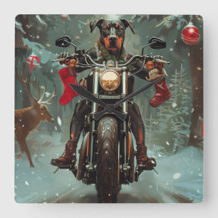 Doberman Dog Riding Motorcycle Christmas Square Wall Clock