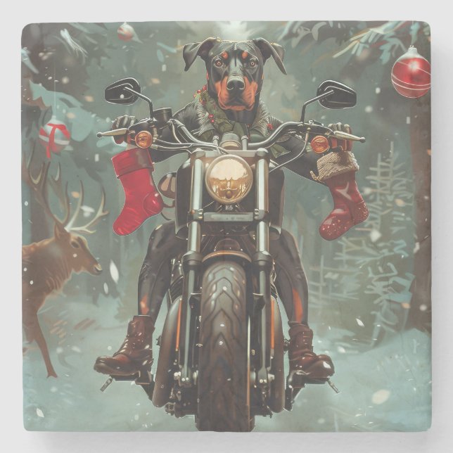 Doberman Dog Riding Motorcycle Christmas Stone Coaster (Front)