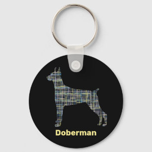 Doberman Dog Silhouette Yellow & Black Grid Lines Key Ring