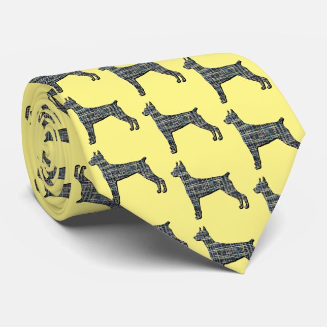 Doberman Dog Silhouette Yellow & Black Grid Yellow Tie (Rolled)