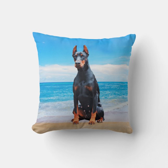 Doberman Dog Sitting On Beach Cushion (Front)