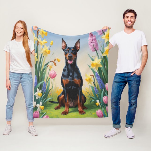 Doberman Dog Spring Flowers Painting Fleece Blanket (In Situ)