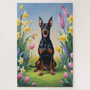 Doberman Dog Spring Flowers Painting Jigsaw Puzzle