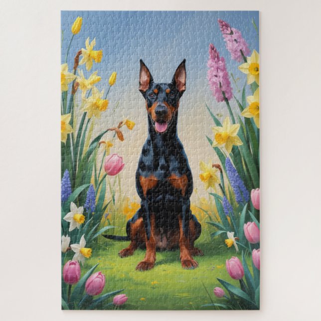 Doberman Dog Spring Flowers Painting Jigsaw Puzzle (Vertical)