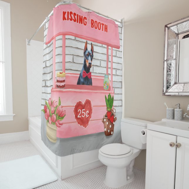Doberman Dog Valentine's Day Kissing Booth Shower Curtain (In Situ)