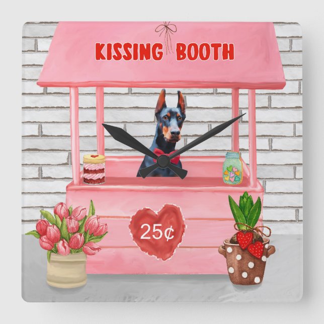 Doberman Dog Valentine's Day Kissing Booth Square Wall Clock (Front)