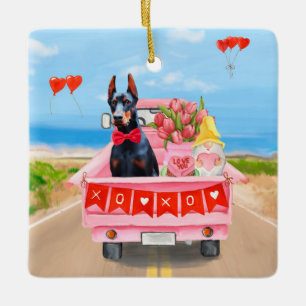 Doberman Dog Valentine's Day Truck Hearts Ceramic Ornament