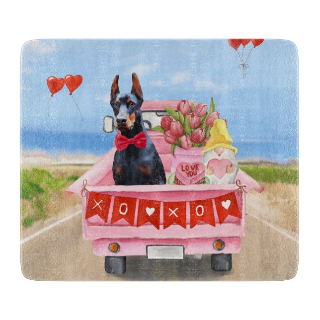 Doberman Dog Valentine's Day Truck Hearts Cutting Board (Front)