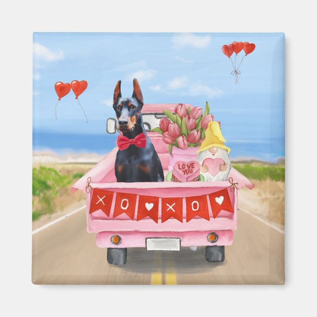 Doberman Dog Valentine's Day Truck Hearts Magnet (Front)