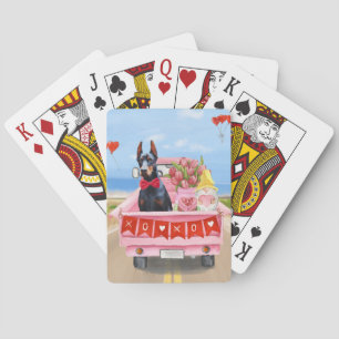 Doberman Dog Valentine's Day Truck Hearts Playing Cards