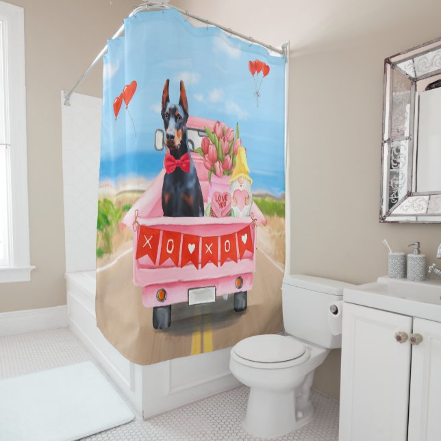 Doberman Dog Valentine's Day Truck Hearts Shower Curtain (In Situ)