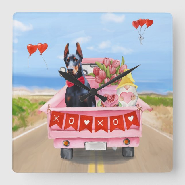 Doberman Dog Valentine's Day Truck Hearts Square Wall Clock (Front)