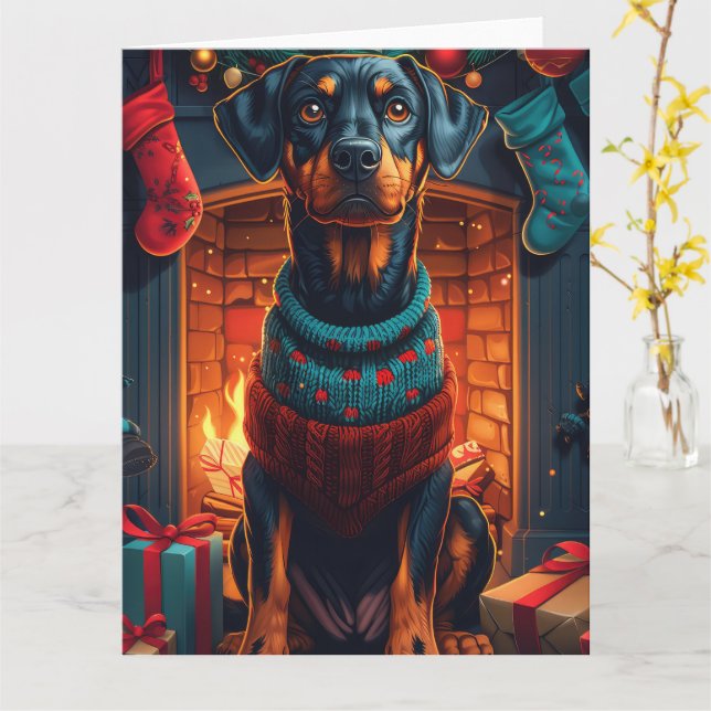 Doberman Dog With Christmas Gifts Fireplace Card (Yellow Flower)