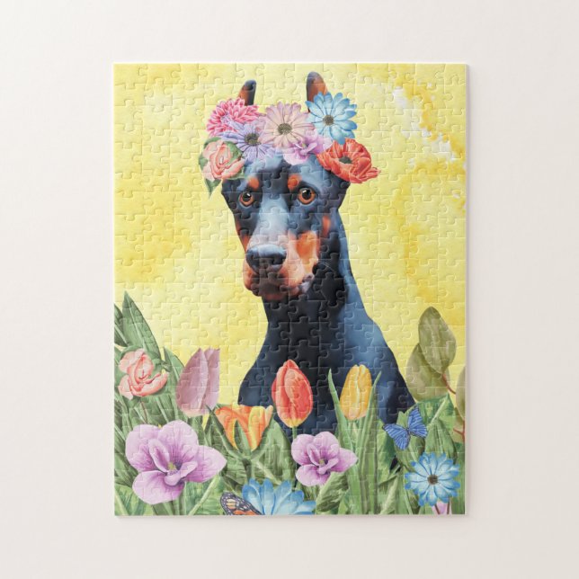 Doberman Dog with Flowers Spring Jigsaw Puzzle (Vertical)