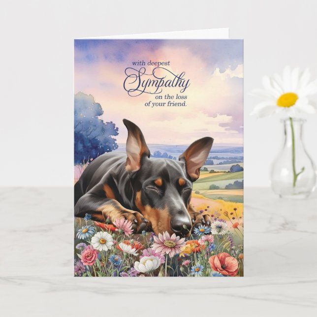 Doberman Dog with Wildflowers Pet Sympathy Card (Small Plant)