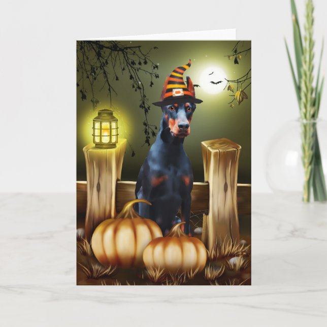 Doberman Dog with Witch Hat Halloween Gift Idea Card (Front)