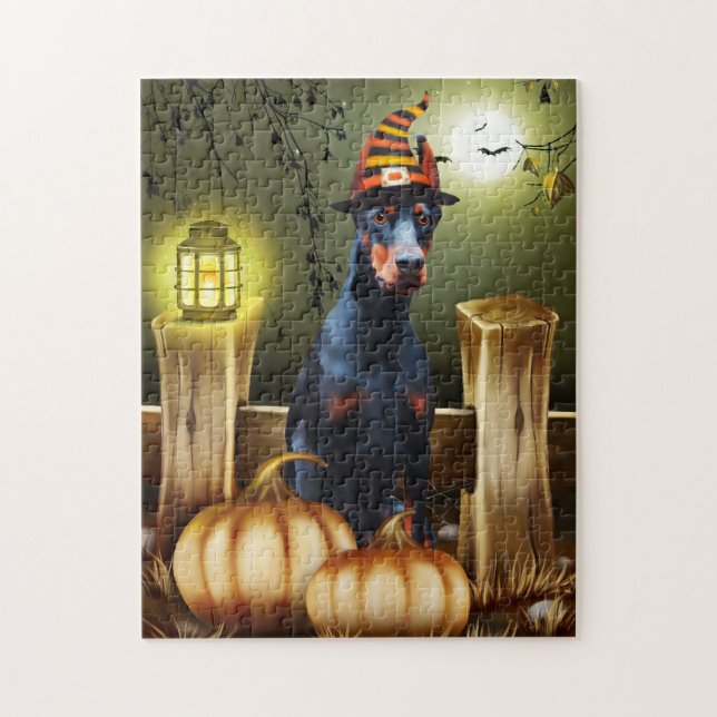 Doberman Dog with Witch Hat Halloween Gift Idea Jigsaw Puzzle (Vertical)