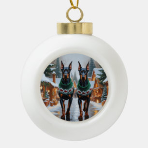 Doberman Dogs Christmas Snow Holiday Ceramic Ball Christmas Ornament