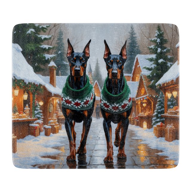 Doberman Dogs Christmas Snow Holiday  Cutting Board (Front)