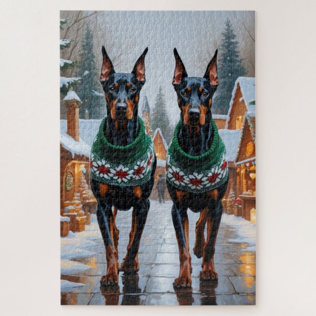 Doberman Dogs Christmas Snow Holiday  Jigsaw Puzzle (Vertical)
