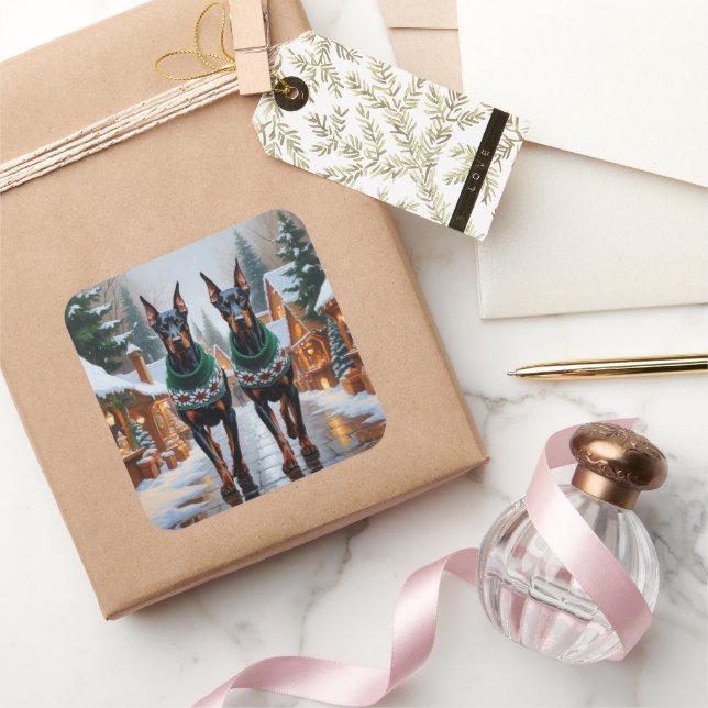 Doberman Dogs Christmas Snow Holiday  Square Sticker (Gifting)
