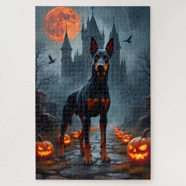 Doberman Gothic Castle Halloween Artwork Jigsaw Puzzle (Vertical)
